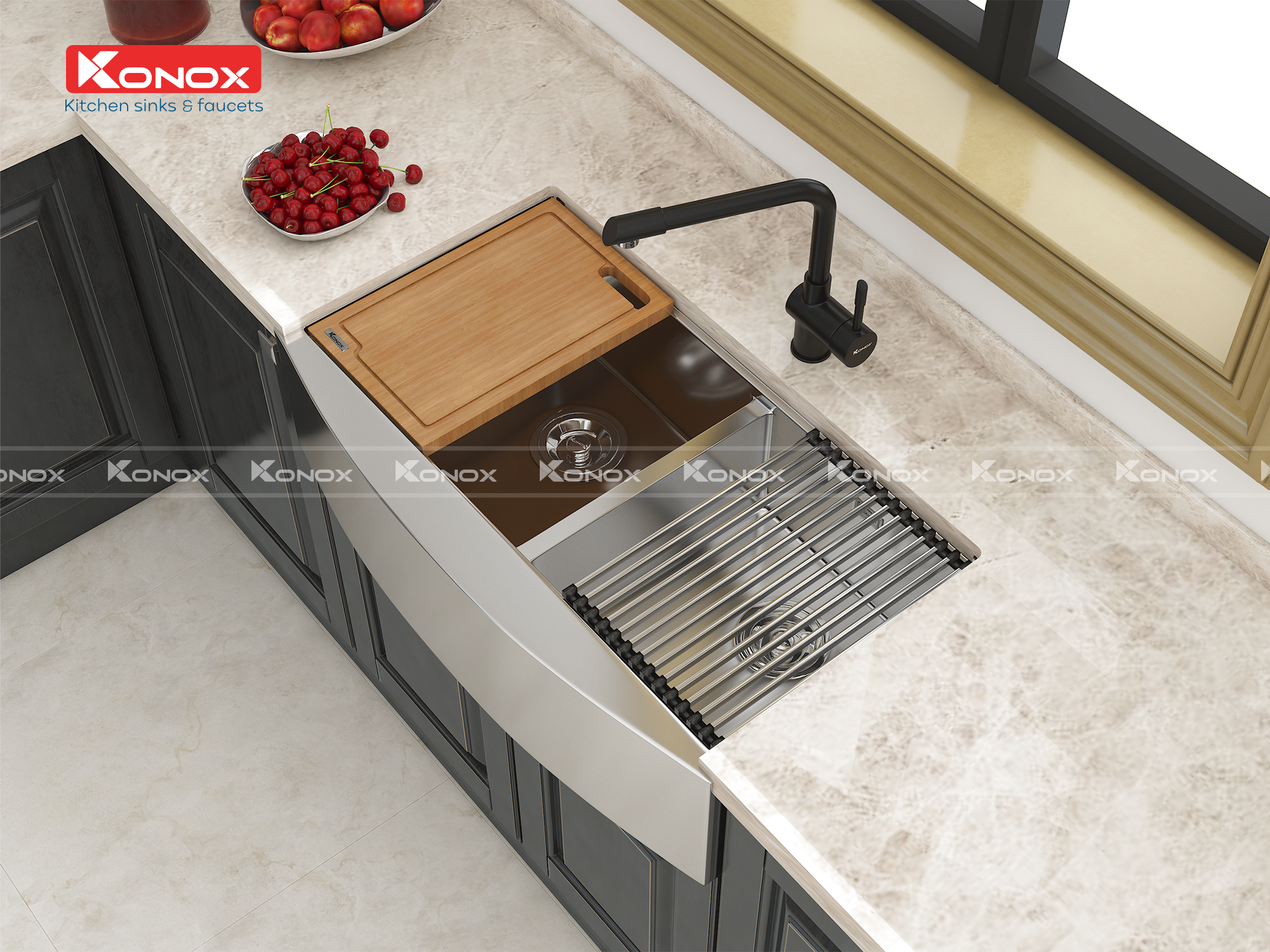 Apron sink KN8450DASiphon, thớt gỗ, roll mat