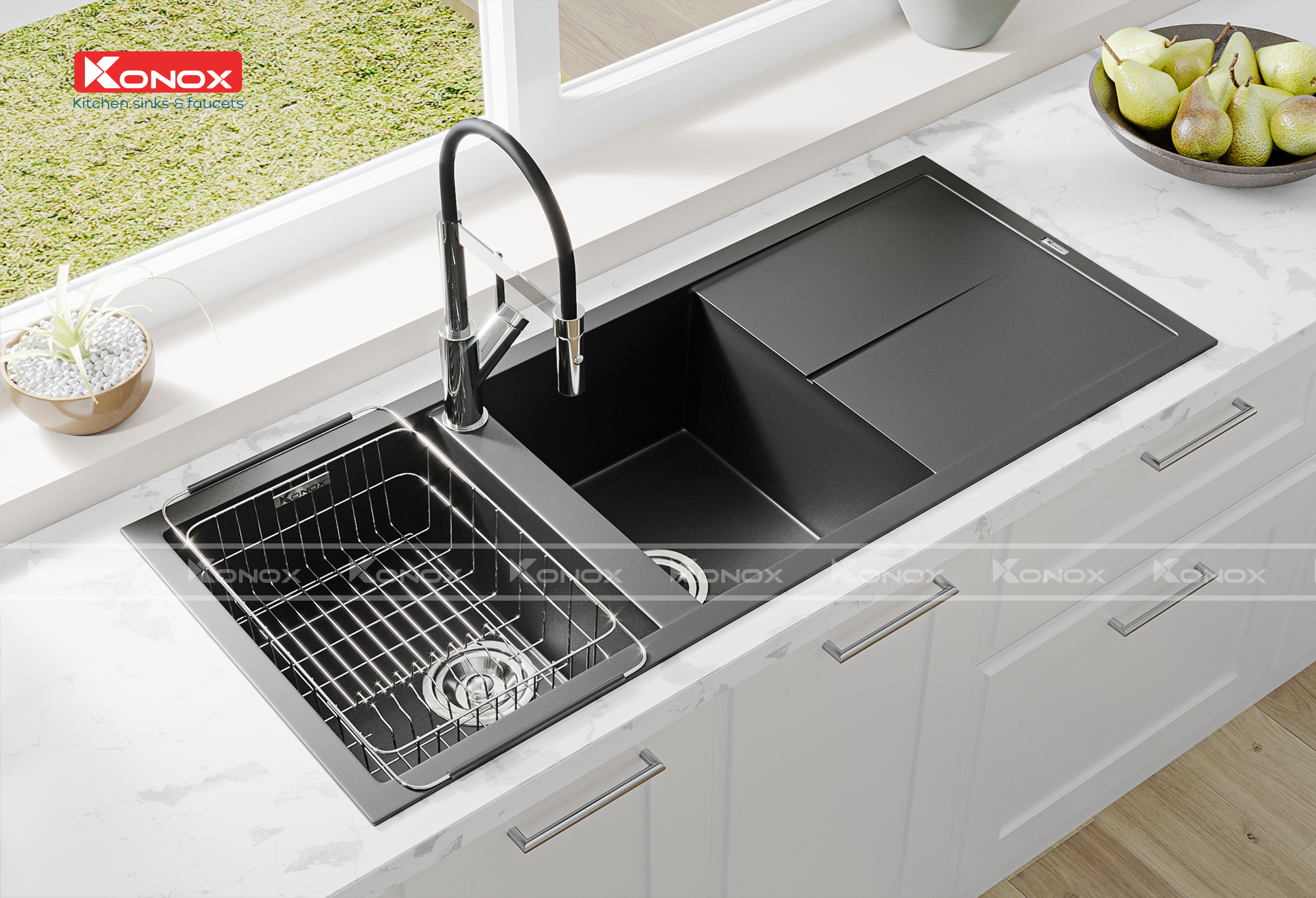 Granite sink Livello 1160 BlackSiphon, giá úp bát inox