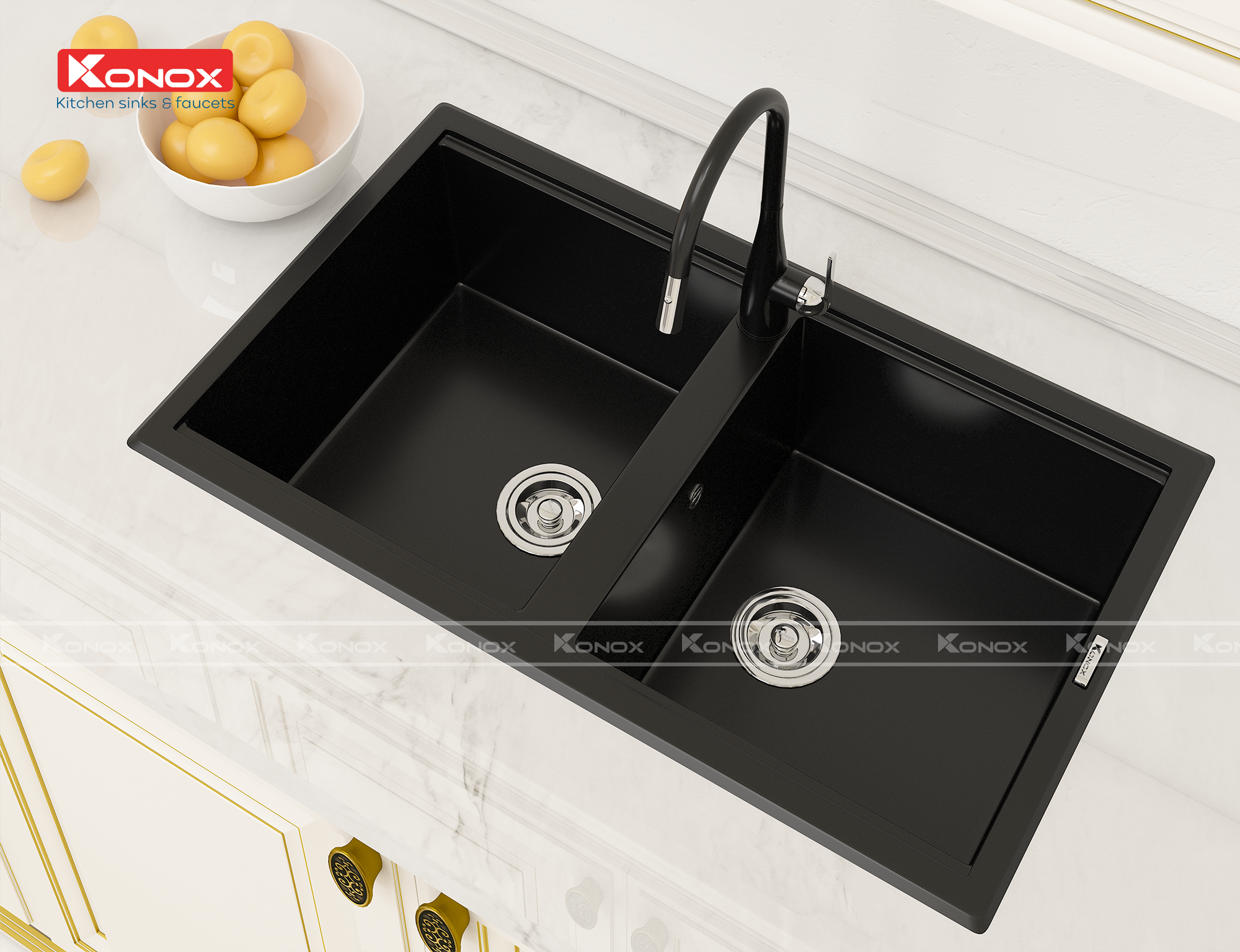 Granite sink Phoenix 860 BlackSiphon, giá úp bát inox