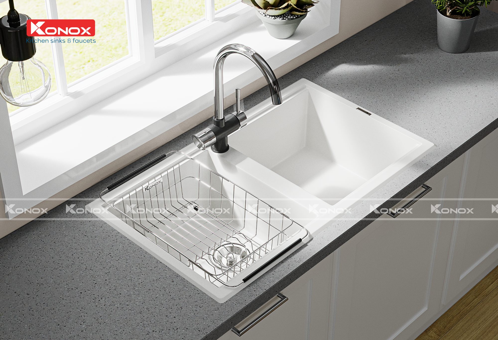 Granite sink Phoenix 860 White SilverSiphon, giá úp bát inox