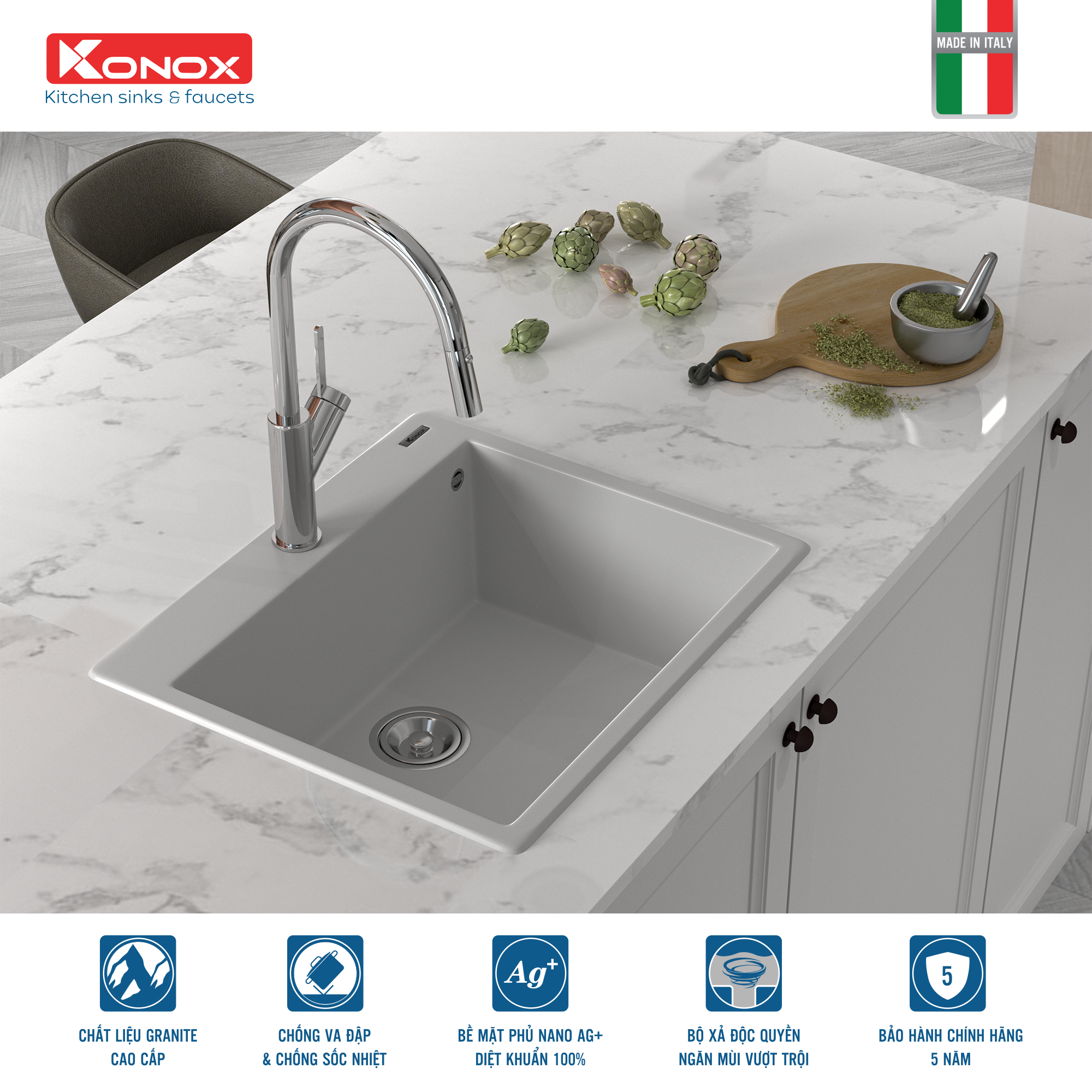 Granite sink Ruvita 680 White SilverSiphon, giá úp bát inox