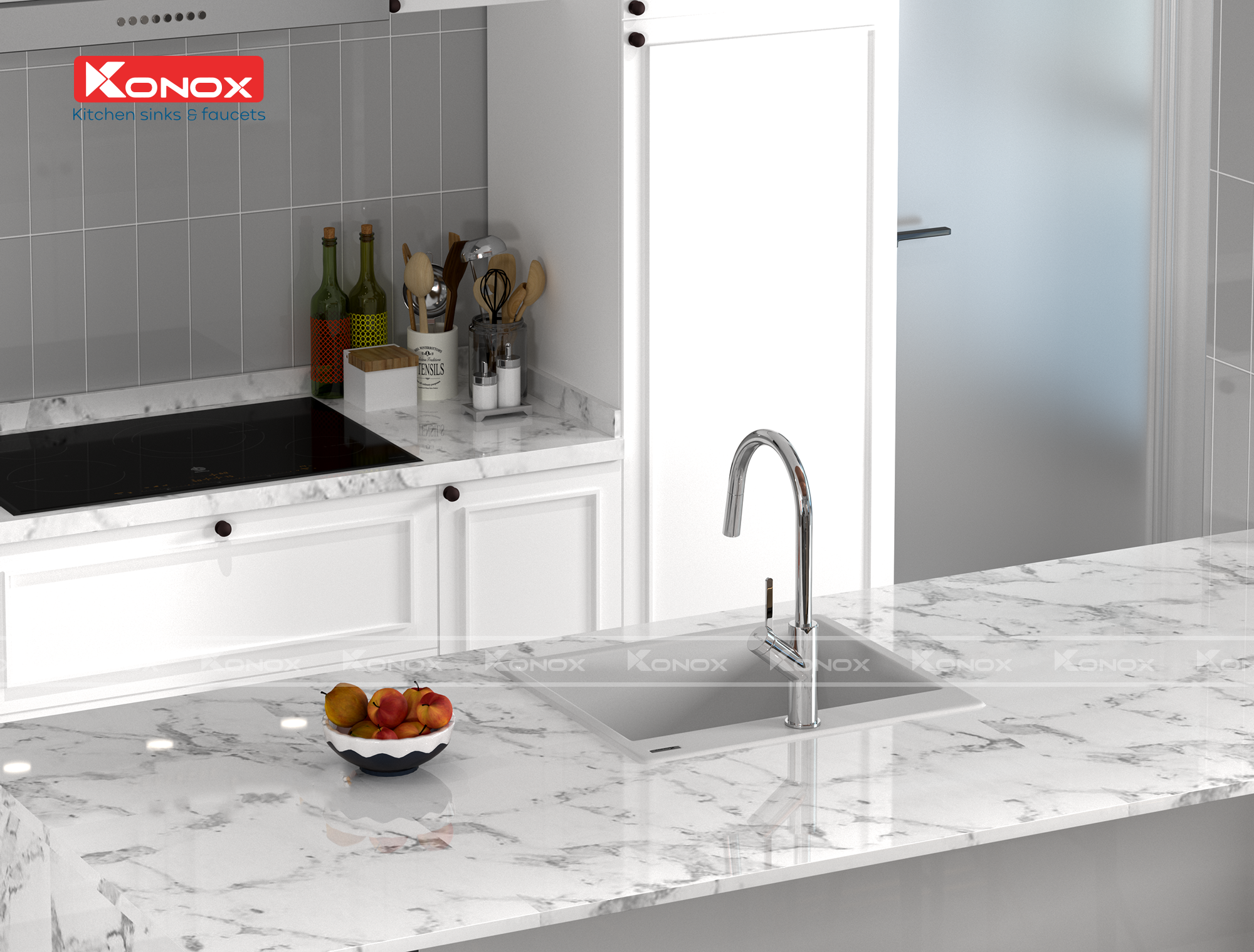 Granite sink Ruvita 680 White SilverSiphon, giá úp bát inox