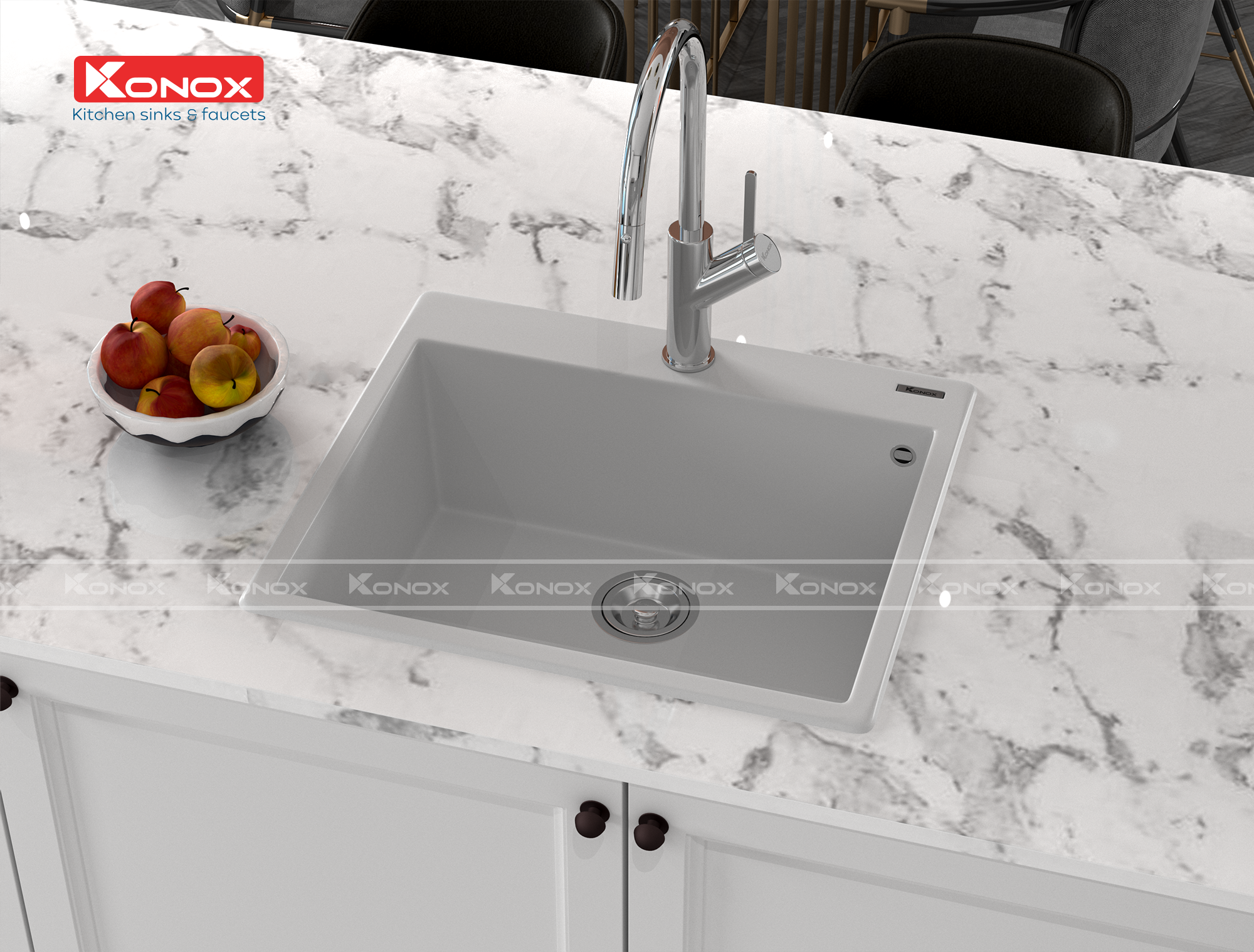 Granite sink Ruvita 680 White SilverSiphon, giá úp bát inox